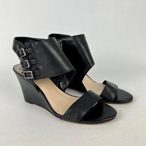 Vince Camuto Womens Lyssia Black Leather Sandals Open Toe Wedge Buckles size 9